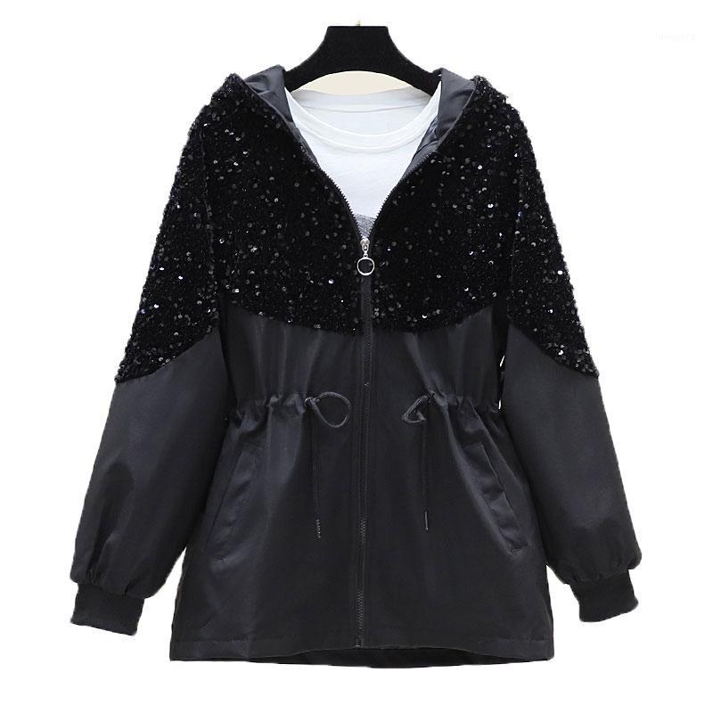 Women's Jackets Shiny Sequin Jacket Spring Autumn Stitching Sequined Drawstring Casual Hooded Coat Ladies Black Windbreaker Outerwear