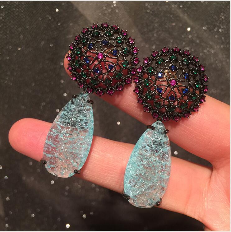 

Dangle & Chandelier Dandelion Flower Blue Crystal Tassel Women Ear Accessories Large Drop Rhinestone Zircon Earring