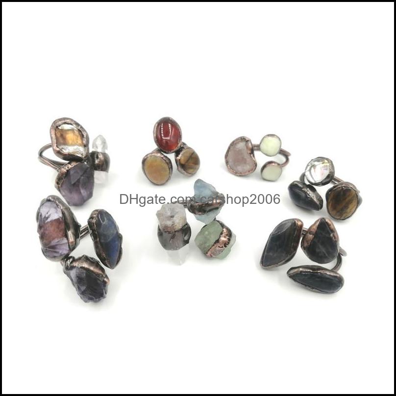 

Three Stone Rings Jewelry Retro Style Ring Antique Red Brass Plated With Size Amethyst Agate Crystal Fluorite Gems For Men Women Drop Delive