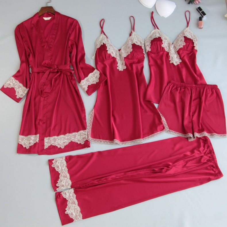 

Women's Sleepwear Sexy Nightwear Gown Set Women 5PC Pyjama V-Neck Pajamas Silky Print Spring Sleep Robe Wear Home Suit Negligee Homewear, Black set - e