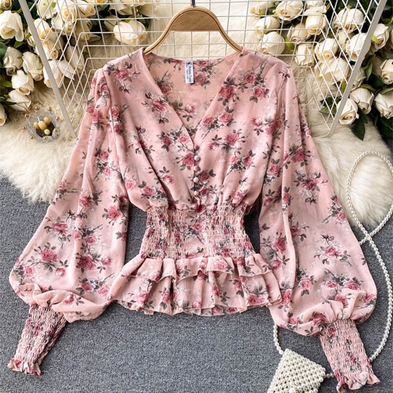 

Spring Chiffon Blouse Female Sweet Wood Ears Waist and Thin Blusa Temperament V-neck Slim Short Puff Sleeve Shirt C275 220407, Black