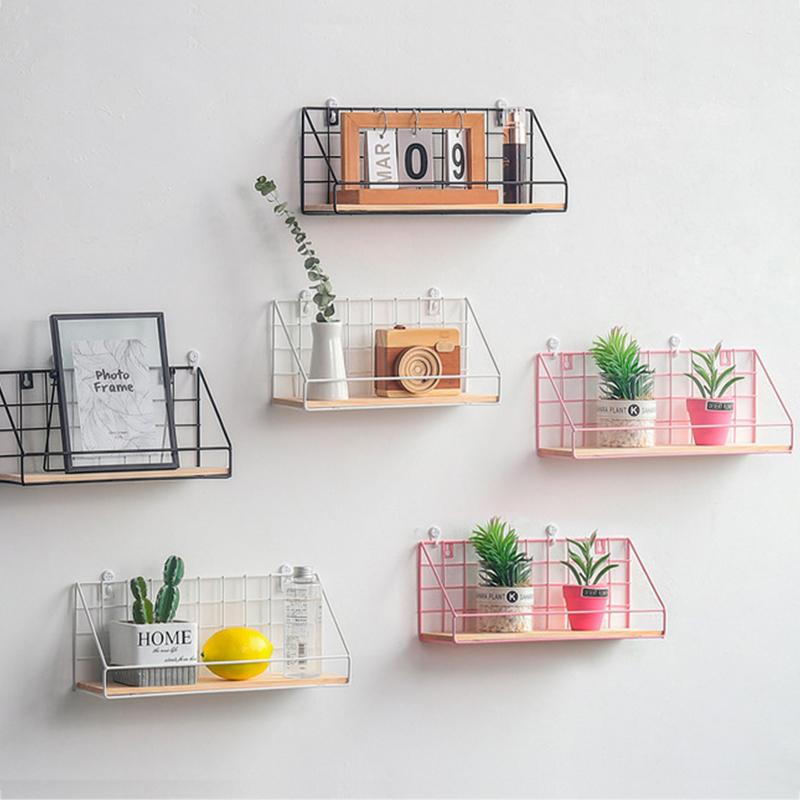 

Hooks & Rails Nordic Wooden Iron Grid Storage Shelf Creative Wall Hanging Living Room Bathroom Sundries Holders Home Decoration