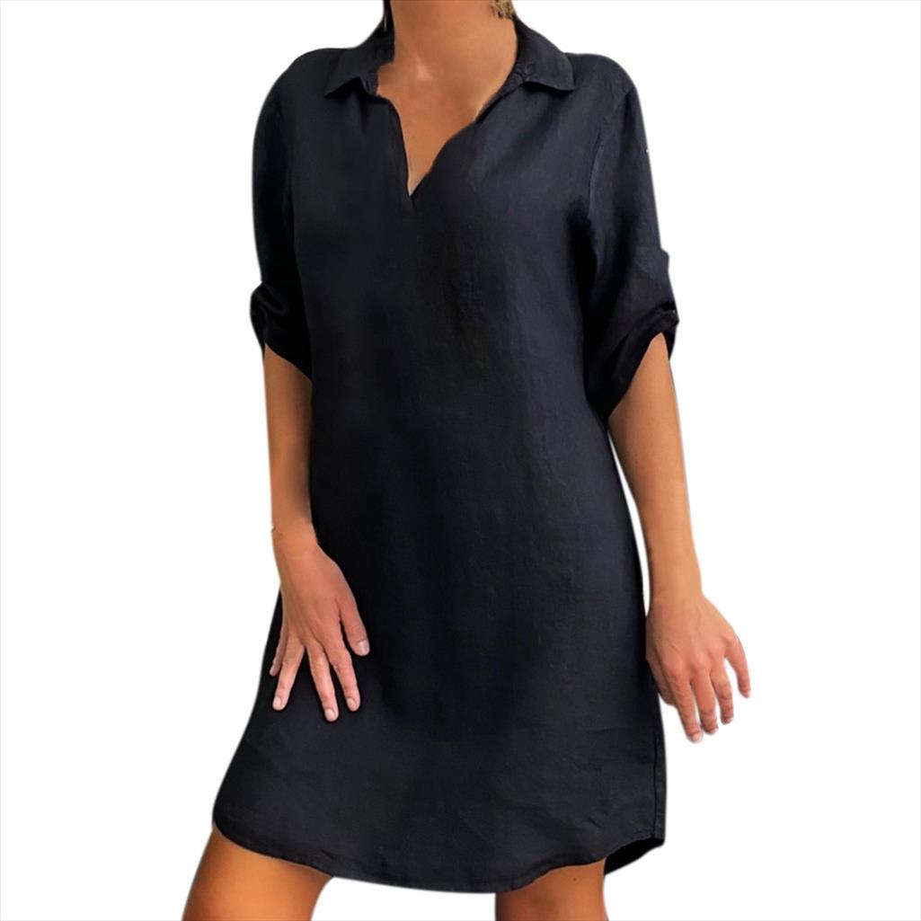 

Turn Down Collar Above Knee Loose Shirt Dress Fashion Women Plus Size Solid Cotton Linen Casual Style Sukienka Female Dresses, As picture