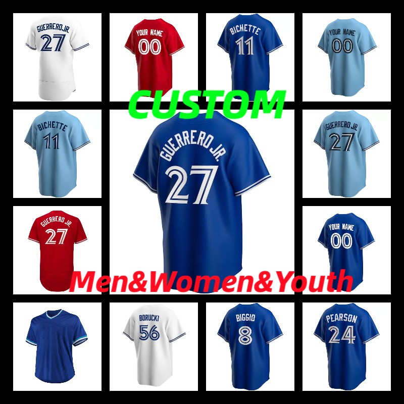 

Custom Men 27 Vladimir Guerrero Jr. 4 George Springer Baseball Jerseys 11 Bo Bichette Cavan Biggio Joe Carter Nate Pearson Lourdes Gurriel Jr, As shown