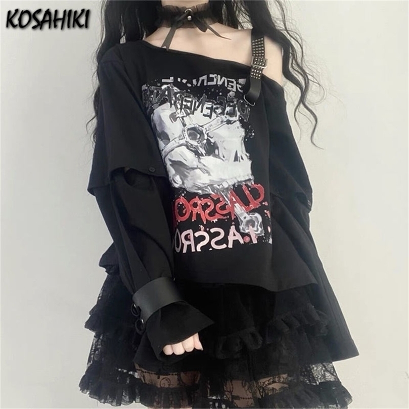 

KOSAHIKI Y2k T-shirt Women Harajuku Black Vintage Tops Skull Print Off Shoulder Belted Tee Shirt Summer Japan Streetwear 220401, 21787 black