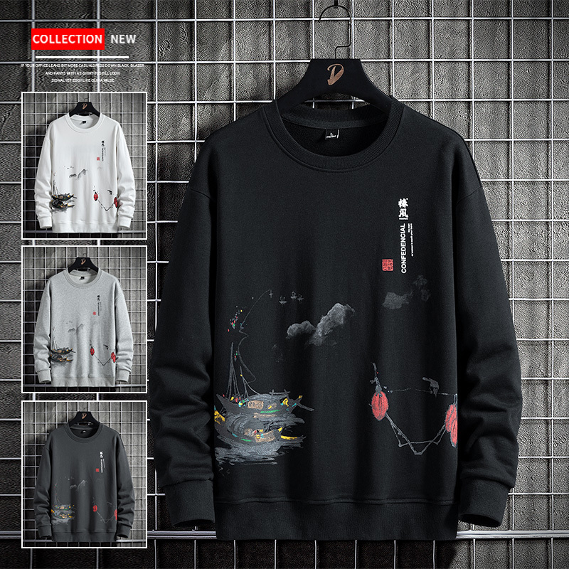 

Spring Autumn Mens Sweatshirt Round Neck Chinese Ink Painting Elements Sweatshirts Loose Fashion Japanese Streetwear Men Hoodie 220816, Nwy104 black