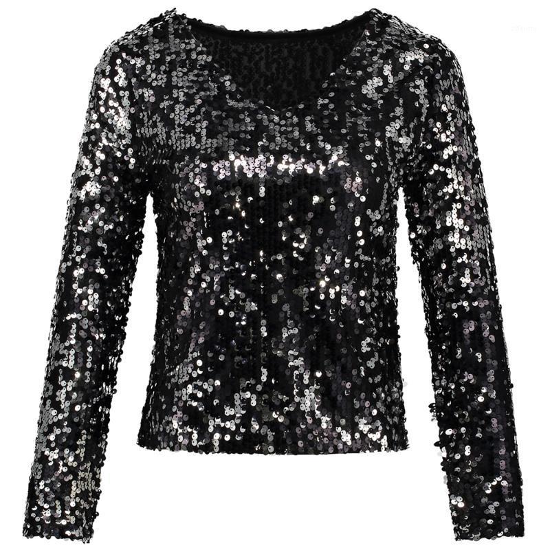 

Sexy Plunge Long Sleeve Sequin Tunic Top Shiny Women Black Silver V-Neck Crop Summer Short Party Club Blouse Shirt Women' Blouses & Shirts, As pic