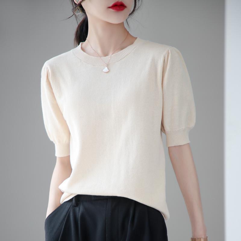 

Women' T-Shirt 2023 Cotton Short Sleeve Ladies O Neck Summer Pullover Thin Versatile Knit Solid ColorWomen, Beige