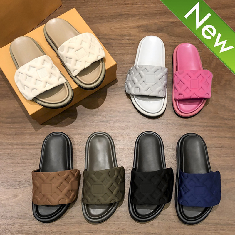 

Fashion Pool Pillow Flat Comfort Slippers Mens Womens shoes Embossed Mules Slides Summer nylon Cool luxury Slipper Sandals Designer Indoor Beach sandal With Box, Shoe box