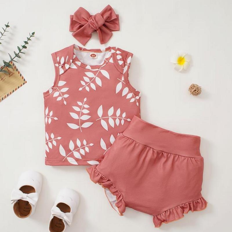 

Clothing Sets Baby Girls Shorts Set Sleeveless Crew Neck Leaves Print Tank Top Elastic Waist With HairbandClothing