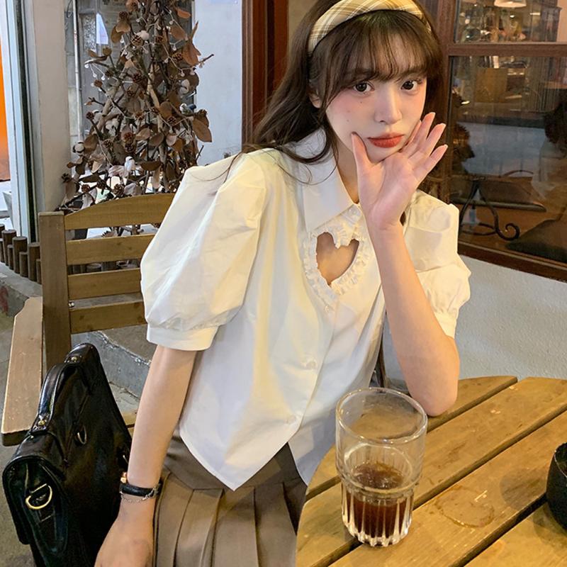 

Women' Blouses & Shirts Korean Fashion Ruffled White Shirt Women Spring Summer Retro Commuter Love Hollow Decorative Blouse Long Sleeve Top, Blue