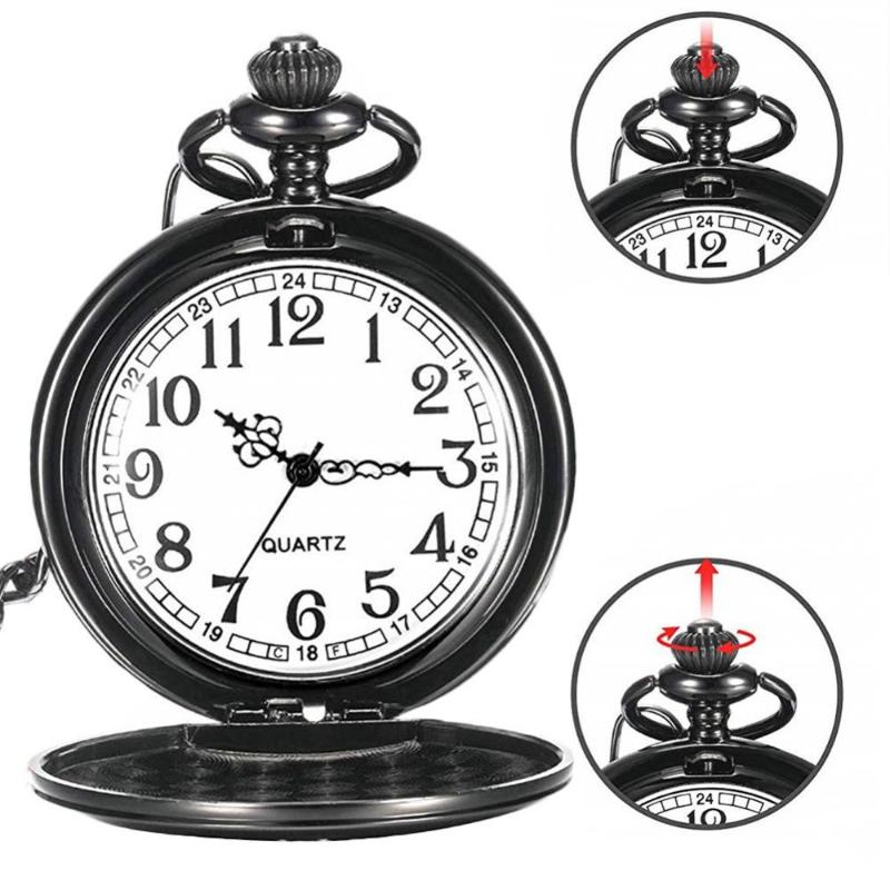 

Pocket Watches Quartz Pocketwatch Flip Case Unisex Vintage Letters Carved With Chain Arabic Numeral Round Analog Friend Unique, Black