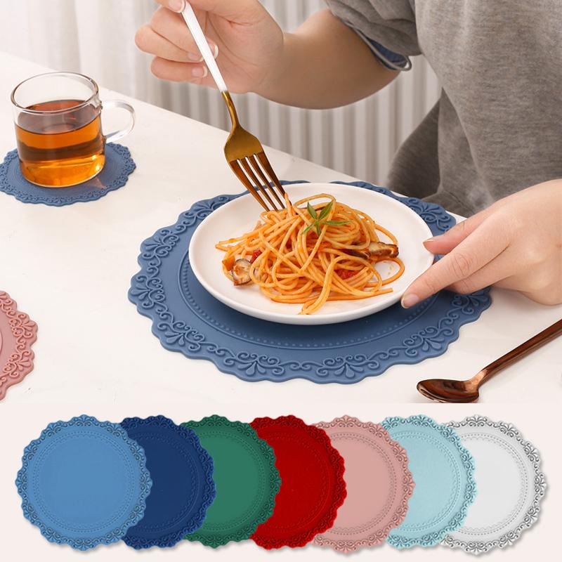 

Mats & Pads Silicone Placemat Lace Tableware Heat/Wear Resistant Non-Slip Washable Flower Table Mat Cup Dinner 10/16.5/23cm