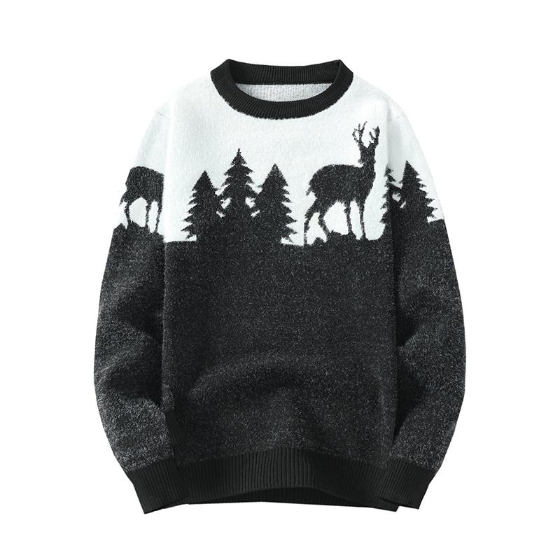 

Men's Sweaters Men O-neck Sweater Slim Long Sleeve Pullovers Deer Patterned Autumn Korean Style Fashion Mens Classical SweatersMen's, Black