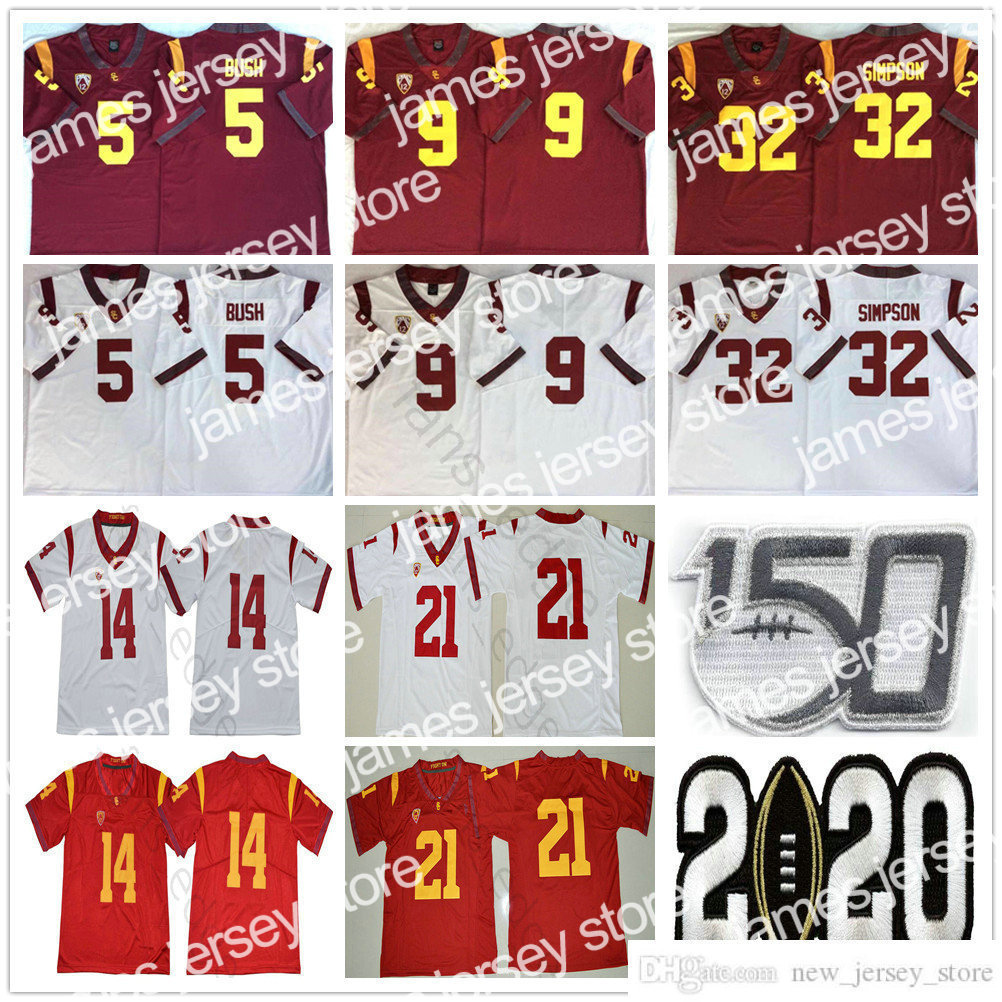 

James NCAA 150th USC Trojans #5 Reggie Bush 9 Kedon Slovis 21 Jackson 14 Sam Darnold 32 OJ Simpson 43 Troy Polamalu College Football Jerseys, As picture