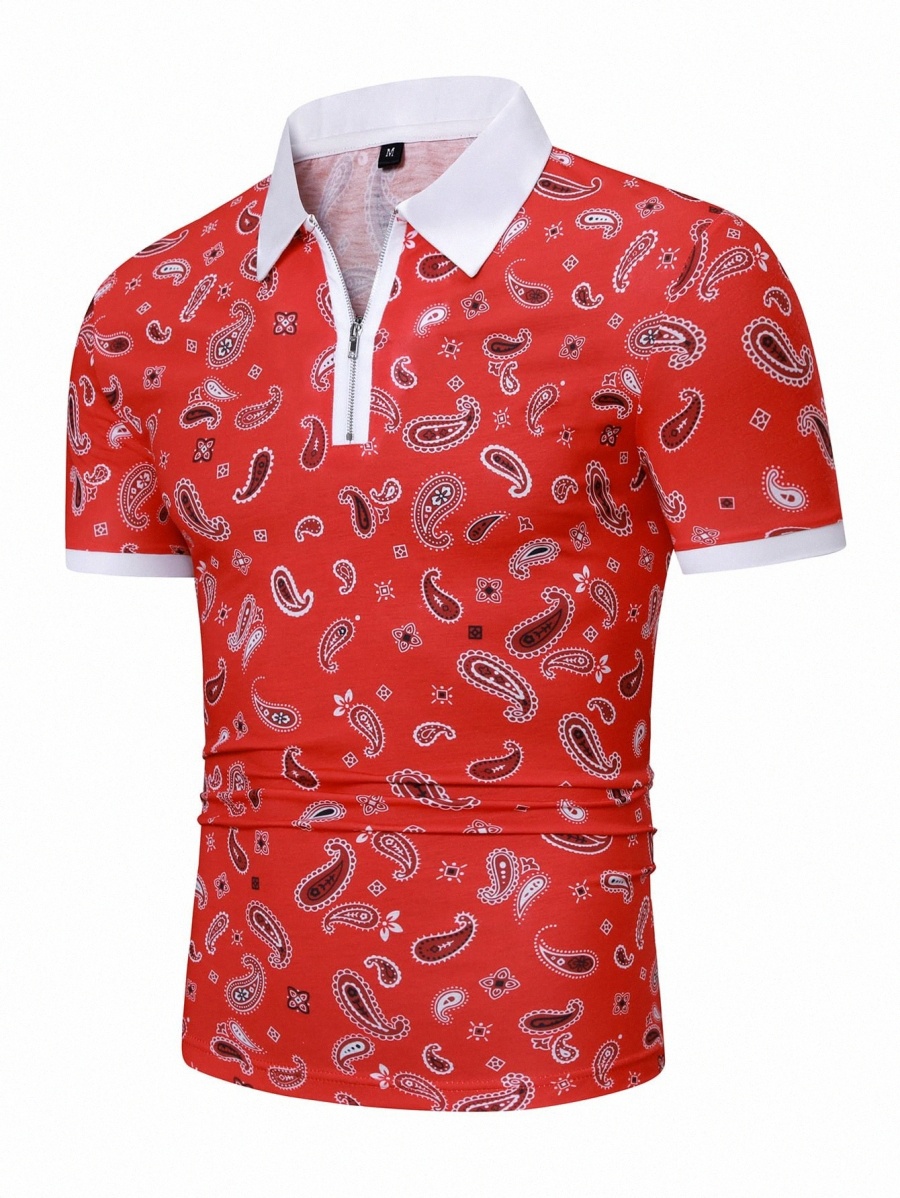 

men Random Floral & Paisley Print Contrast Trim Polo Shirt A5eJ#, Red
