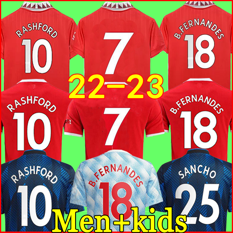

21 22 23 SANCHO soccer jerseys PLAYER #7 Fans Player version BRUNO MANs FERNANDES LINGARD POGBA RASHFORD football shirt 2022 2023 men kids kit sets666, 21-22 home