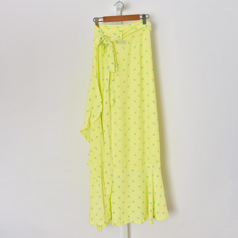 

Skirts French Style Floral Womens Midi Skirt Waist Slim Lace-up Lady Irregular Ruffles Female Long 2022, A skirt