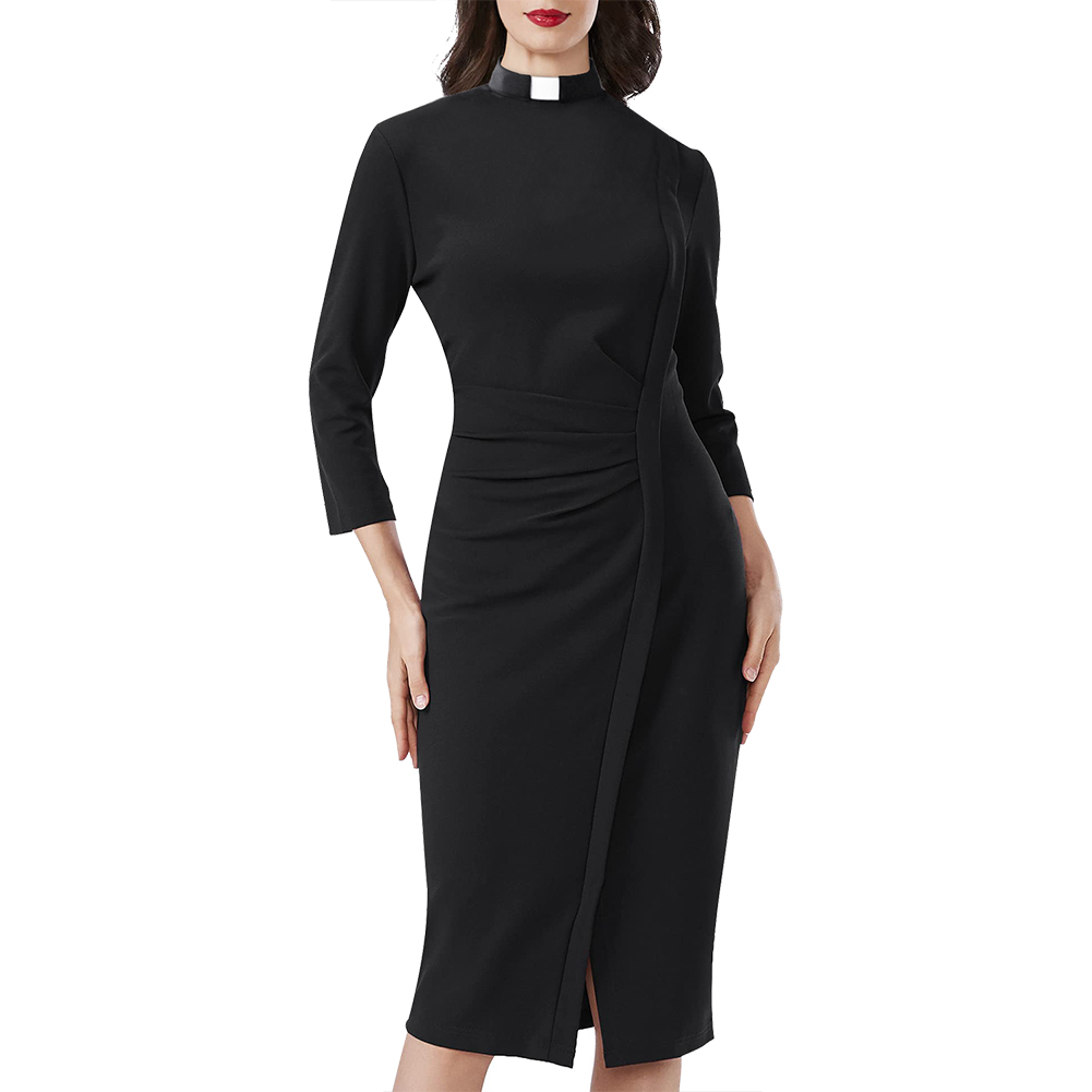 

Catholic Church Women Clergy Tab Collar Dress Female Priest Uniform Black Bodycon Mass Dress