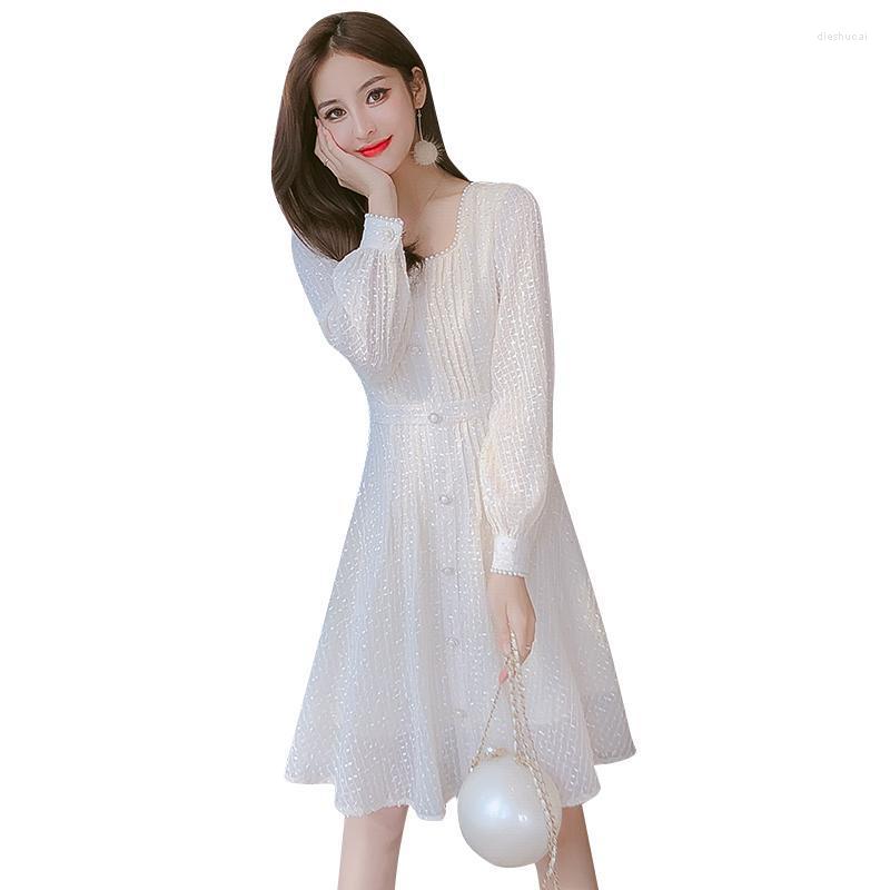 

Casual Dresses 2022 Spring Autumn Women A-line Long Sleeve Korean Lady Elegant Solid Dress Vintage Beaded Party Vestidos Female, Beige