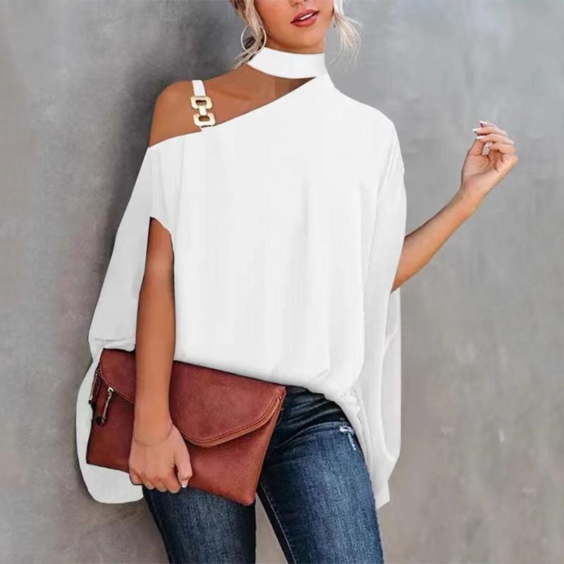 

Women' Blouses & Shirts Women Casual Solid Halter Neck Button Strap Cold Shoulder Irregular Short Sleeves Shirt Blouse Top Thin Long Sleeve, Black