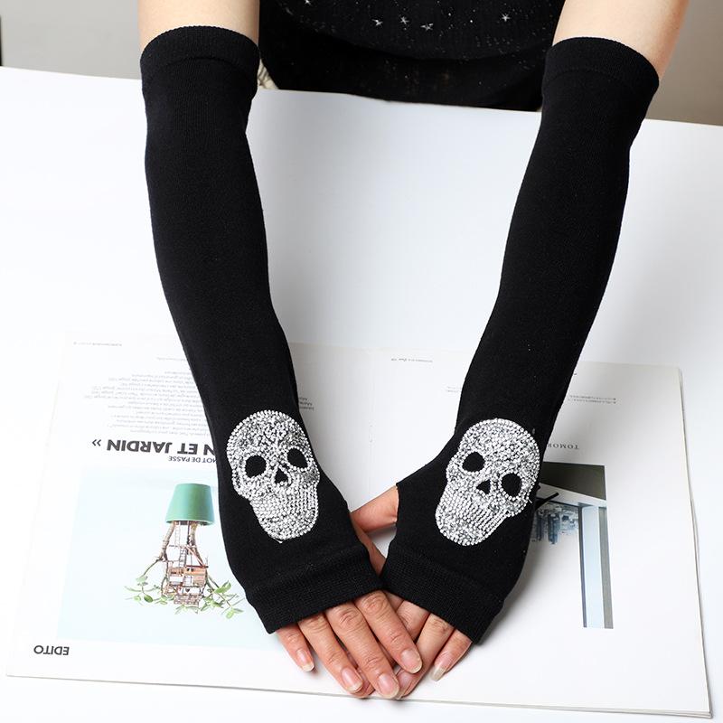 

Five Fingers Gloves Women Cool Skull Sailor Elasticity Dance Rhinestone Punk Glove Female Black Half Finger Long Knitted Warm Driving Mitten