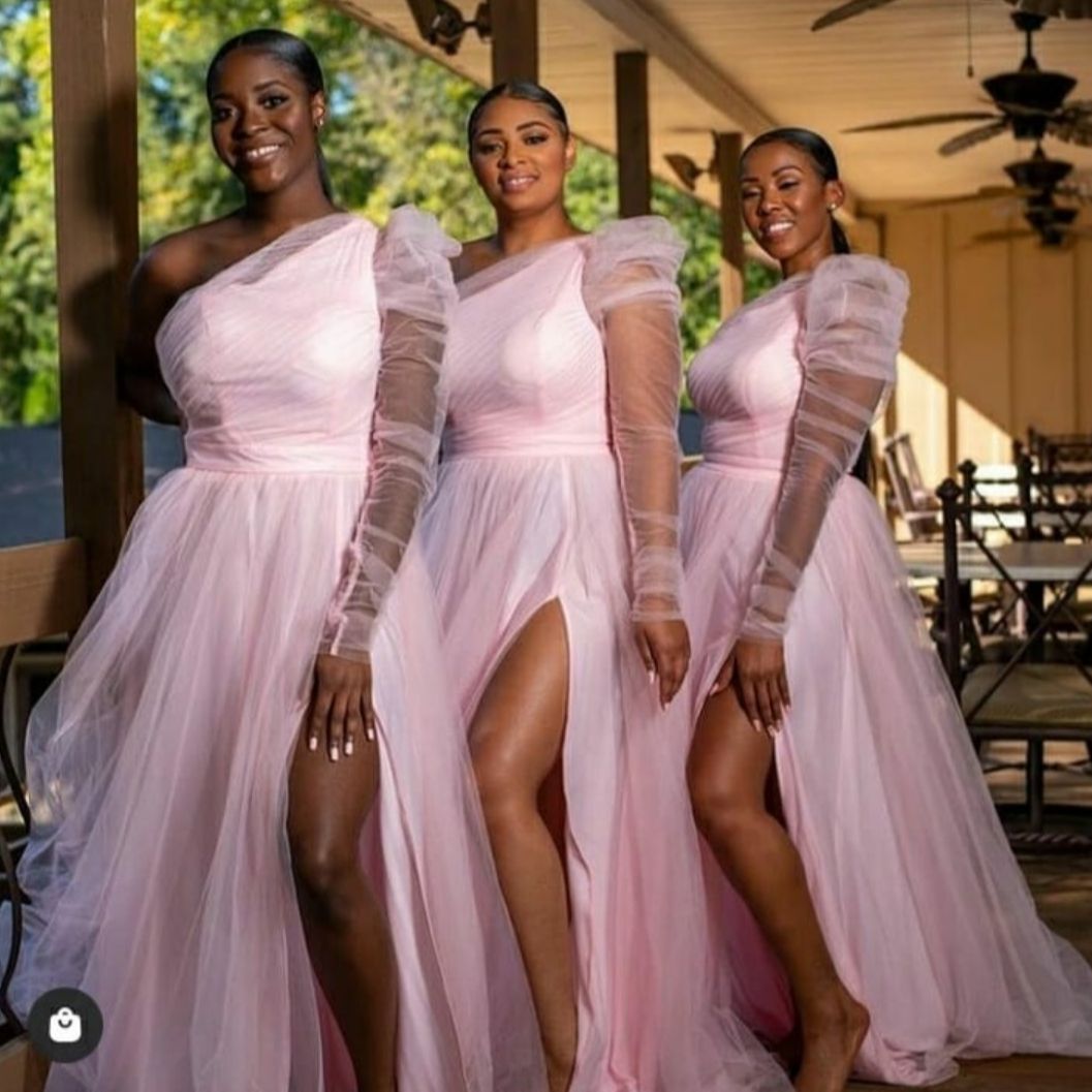

Sexy Long A-Line Tulle One Shoulder Bridesmaid Dresses Custom Made Lace Up Pink Side Slit Formal Wedding Party Dresses