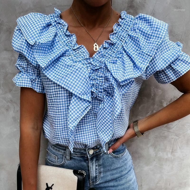 

Women' Blouses & Shirts QINJOYER Vintage Plaid Women V Neck Shirt Sweet Ruffles Female Casual Puff Sleeve Summer Tops For, Blue