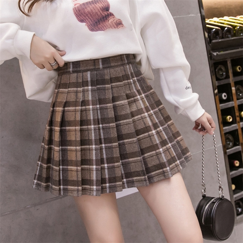 Womens Plaid Pleated Woolen Aline Mini High Waist Sweet Female Short s Summer Spring Girls Preppy Style Skirt 220618