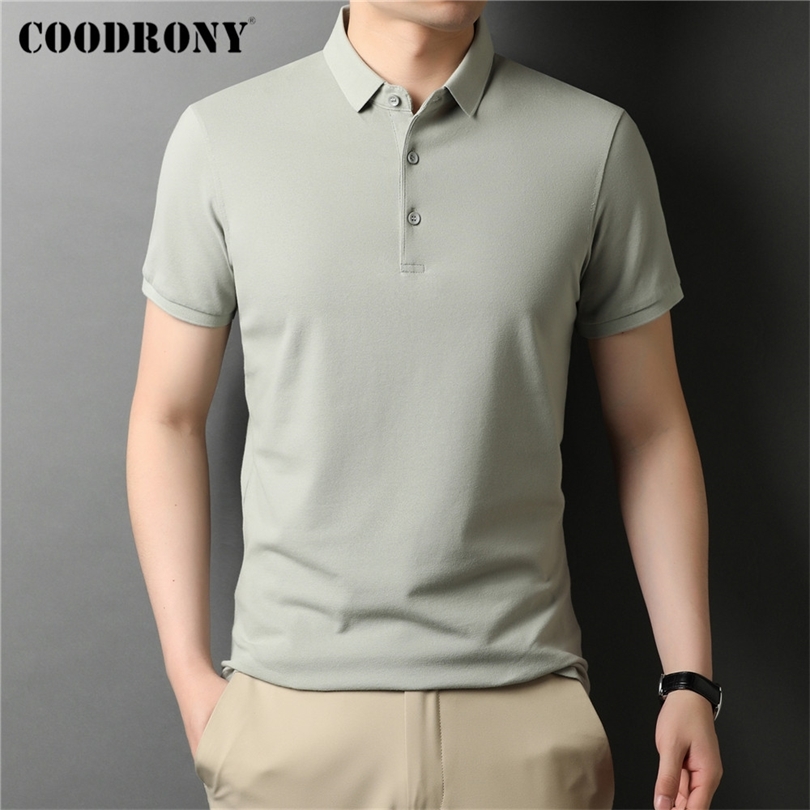 

COODRONY Brand High Quality Summer Classic Pure Color Casual Short Sleeve Cotton PoloShirt Men Slim Soft Cool Clothing C5200S 220615, Sky blue