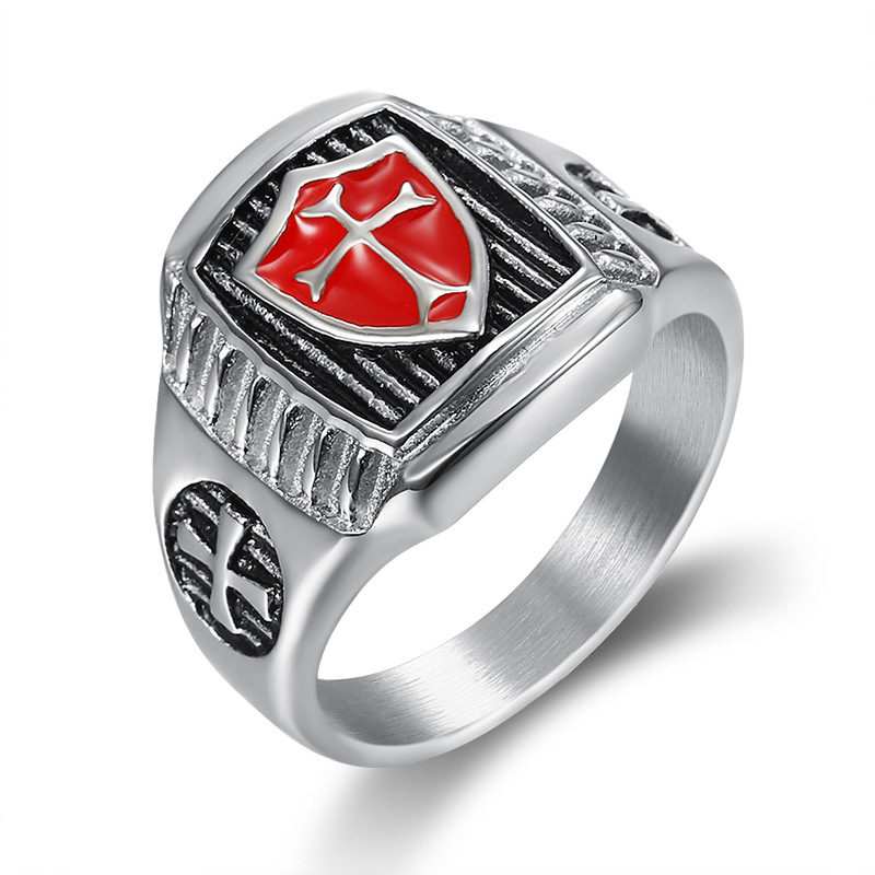 

316 stainless steel ring golden antique men's soldiers knights templar regalia sword Shield cross rings with red enamel
