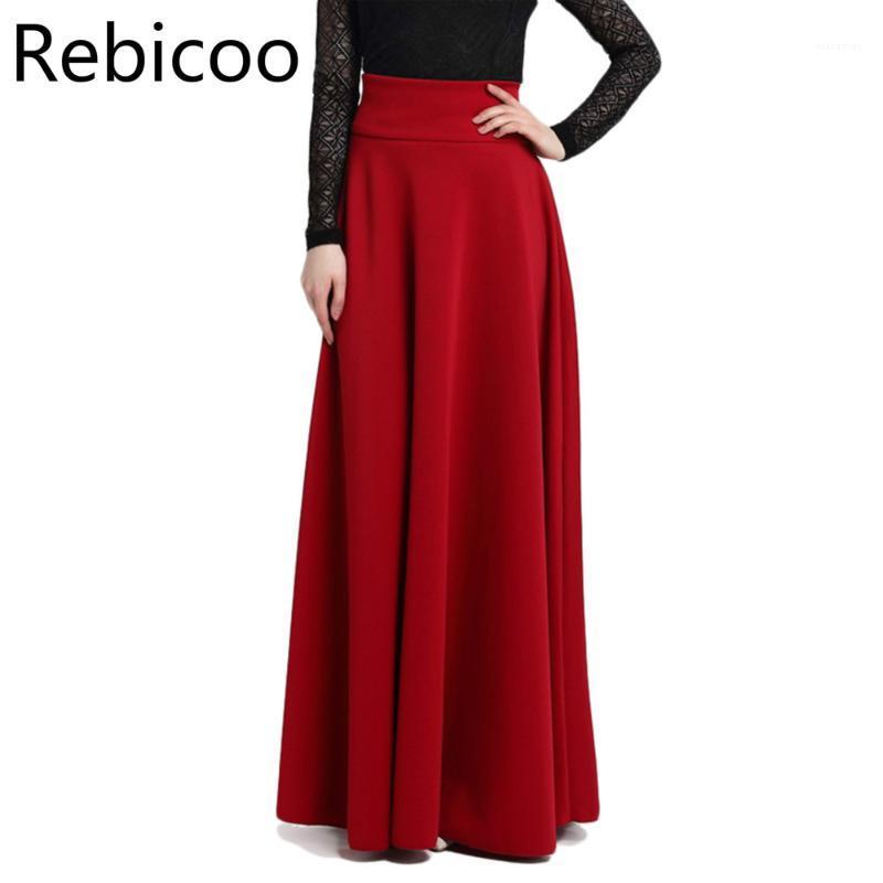 

High Waist Pleat Elegant Skirt Wine Red Black Solid Color Long Skirts Women Faldas Saia 5XL Plus Size Ladies