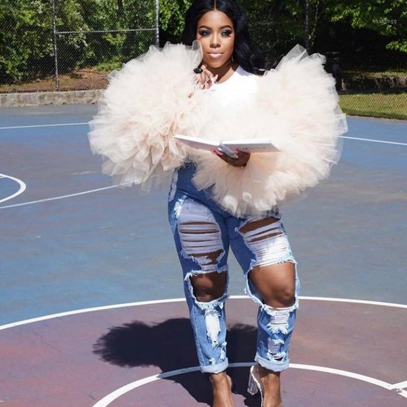 

Women's Blouses & Shirts 2022 High Fashion 2 Ruffles Tiered Puffy Long Sleeves Women Custom Made Summer Tulle, Red