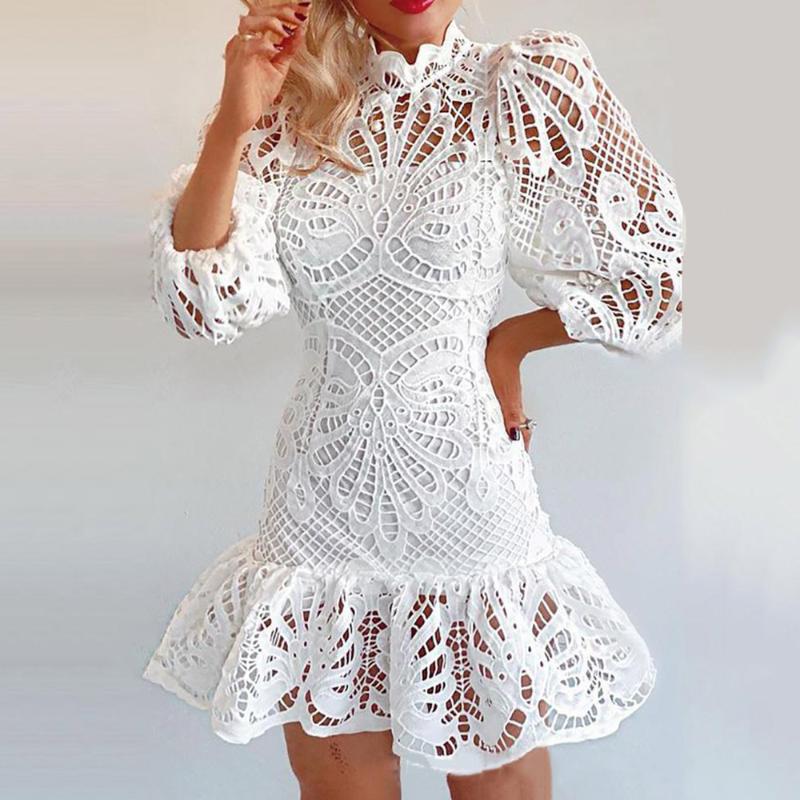 

Casual Dresses Women Fashion Dress Solid Color Hallow Out Lace Patchwork Stand Collar Long Sleeve Pullover Spring Fall A-line For LadiesCasu, White