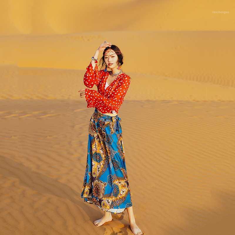 

Skirts 2022 Flared Sleeve Cross Waist Chiffon Top Can Be Used As A Bikini Cardigan + Bohemian Print Ethnic High Skirt, Red top