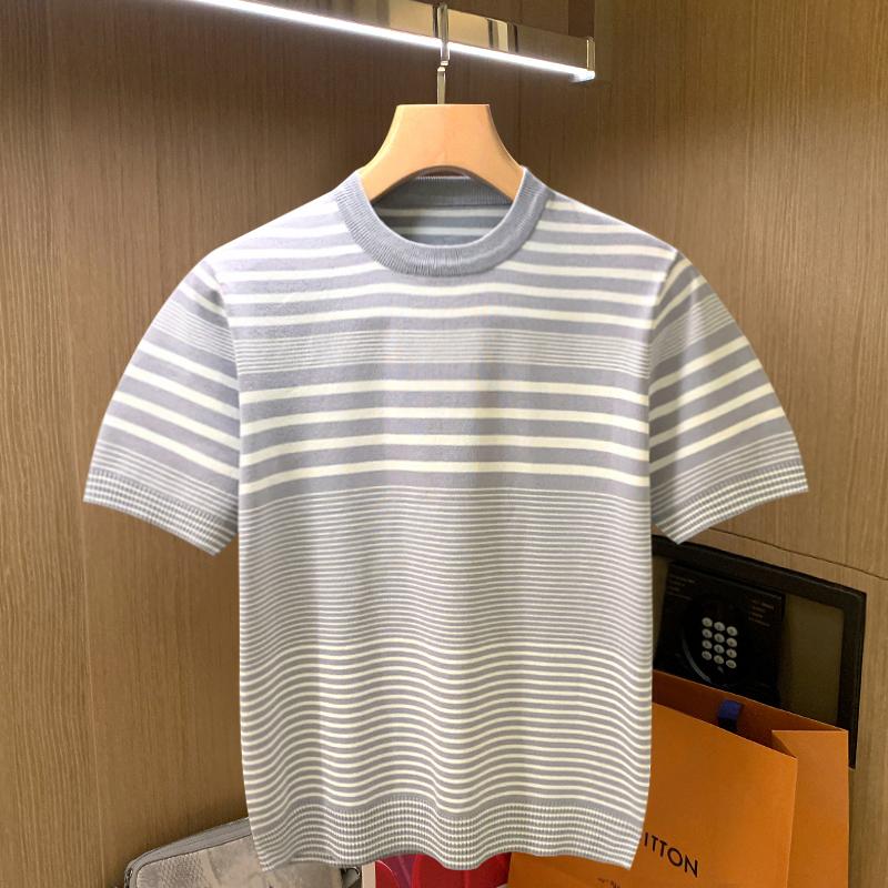 

Men's T-Shirts Men 2022 Summer Fashion Short Sleeve Striped Knitted T Shirts Slim Fit Casual Tees Male O-neck Thin Pullover Tops O984Men's, Gray