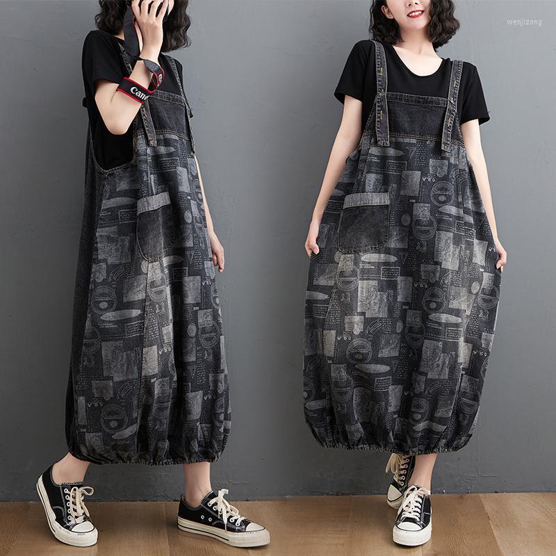 

Casual Dresses Spring Autumn Vintage Denim Dress Women 2022 Retro Style Sleeveless Straps Print Long Lantern Vestido Feminino, Black print