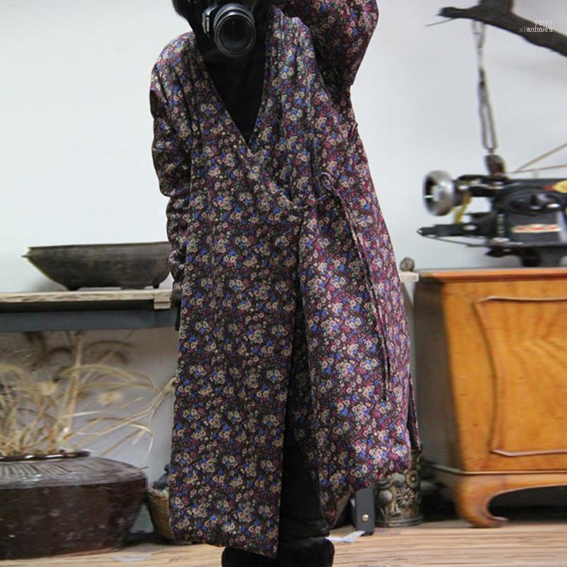 

Women's Down & Parkas Johnature Women Vintage Cotton Coats 2022 Spring Loose Simple Print Color Belt Warm V-neck Long Coats1, Yellow flower