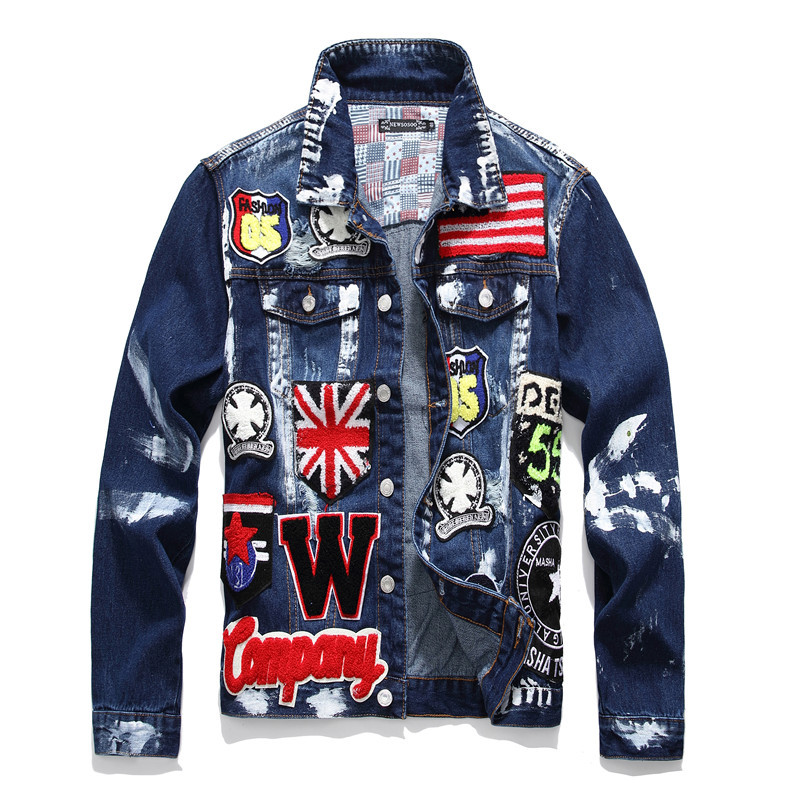 

Men's Flag Letters Patch Design Painted Denim Jacket Slim Fit Skull Badge Patchwork Long Sleeve Jeans Coat Outerwear jacket, Blue
