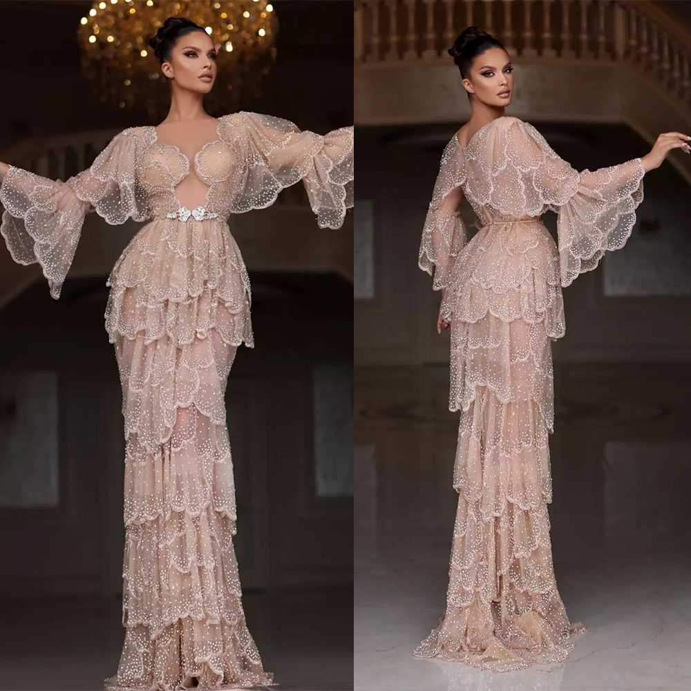 Light Pink Mermaid Prom Dress Sexy V Neck Sequins Beads Appliques Hollow Long Sleeve High Waist Floor Length Sexy Elegant Applique Party Dress Sw