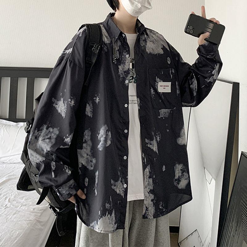 

Men's Casual Shirts Tie Dye Shirt Mens Loose Fashion Thin Section Outer Wear Coat Long Sleeve Lapel Label Top Four Seasons Male ClothesMen's, Black