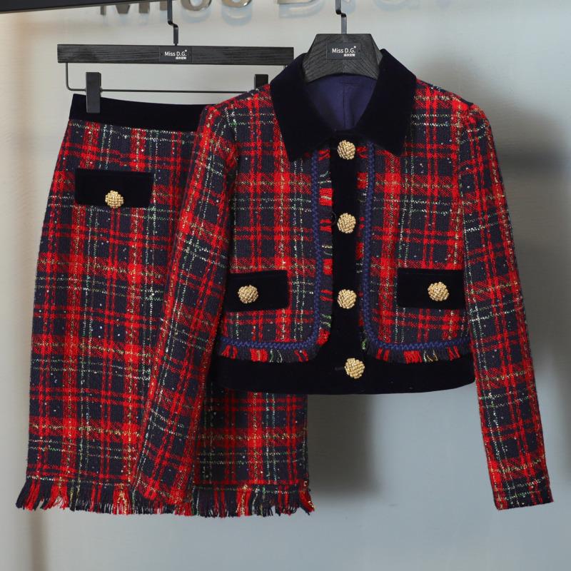 

Work Dresses Runway Designer Fall Winter Women Tweed Woolen Dress Set Vintage Plaid Jacket Coat And Skirt Suit Lady Office 2 Piece Outfit, Wine