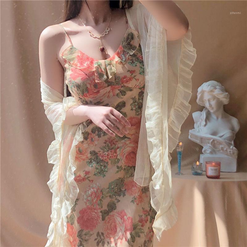 

Casual Dresses French Sweet Vintage Floral Dress Women Spaghetti Strap Beach Female 2022 Summer Office Lady One Piece Korean