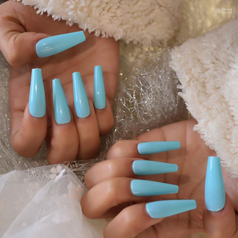 

False Nails Light Blue Full-Covered Nail Tips Fake Extra Long Coffin Shape Press On For Girl Prud22, L5804