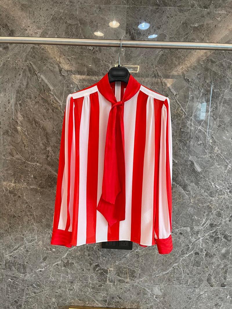 

Women' Blouses & Shirts 2022 Women Spring Silk Stripes Shirt Collarband Ribbon Jacquard Double-layer Fabric Thickening Fabrics 1230, Multi