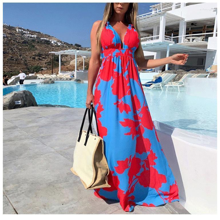 

Plus Size Dresses Sexy V-Neck/suspender Dress Women's Sleeveless Digital Color Printing Fashion Elegant Street Style Long Skirt 2022 Echm22, Red