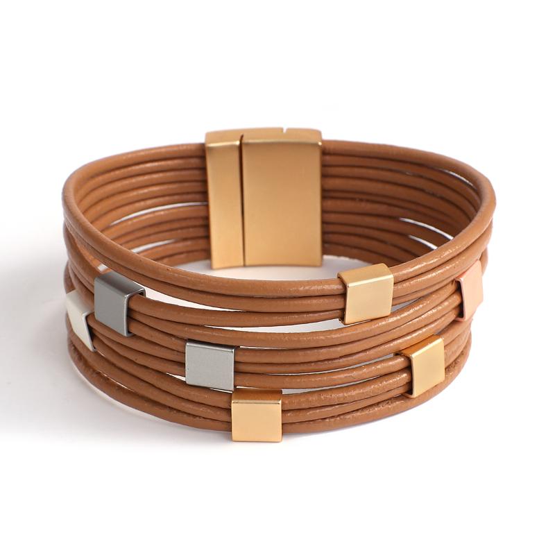 

Charm Bracelets Amorcome Fashion Mulilayer Magnetic Clasp Genuine Leather Bracelet With Alloy Plated Sqaure Tube Wide Wrap Female GiftCharm