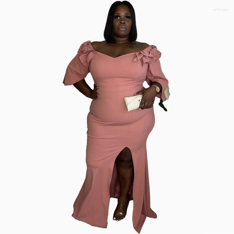 

Plus Size Dresses Women Long Dress 4XL 5XL Off The Shoulder Half Sleeve Split Robes Summer Ruched Splice Elegant Party Maxi Gowns Echm22, Pink