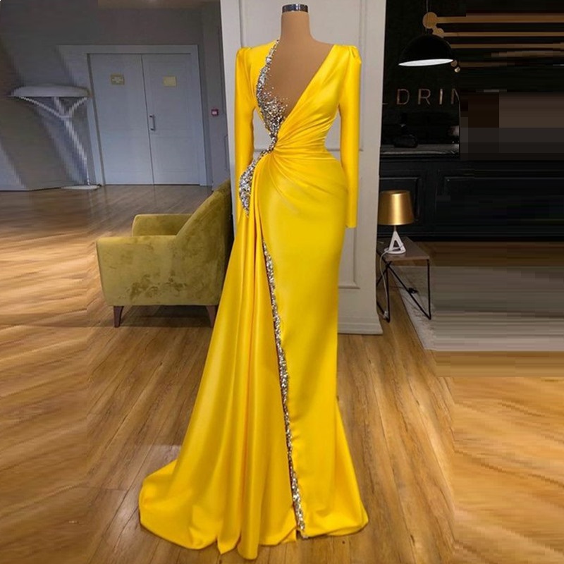 

Vestidos De Fiesta Yellow Beaded Evening Prom Dresses Long Sleeve Mermaid Satin Crystals Formal Party Dress Robe De Soiree, Orange