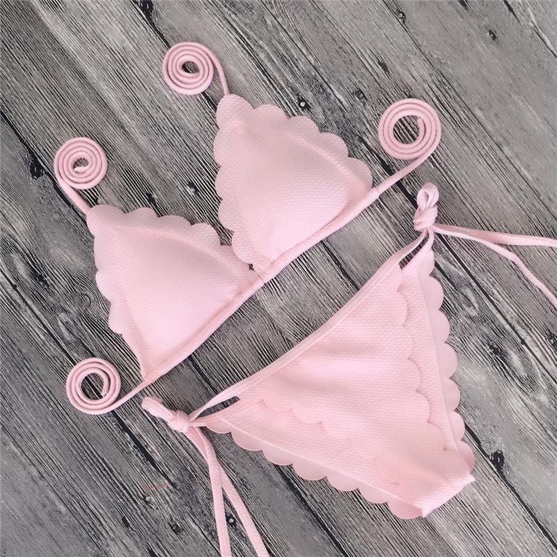 

Women' Swimwear Sexy Wave Edge Bikini Black Pink Bandage Woman Set Scalloped Bandeau Swimsuit Brazil Biquinis Bathing Suits